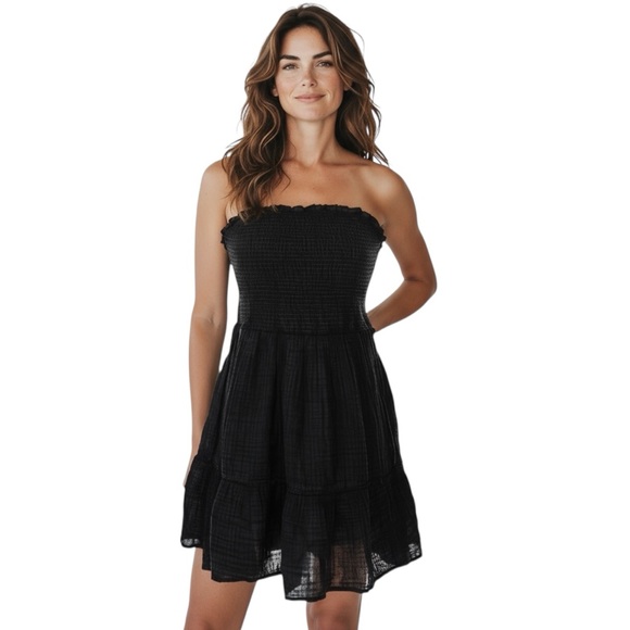 NWT ANTHROPOLOGIE Black Smocked Strap/Strapless Ruffle Dress Size Medium - Picture 2 of 5